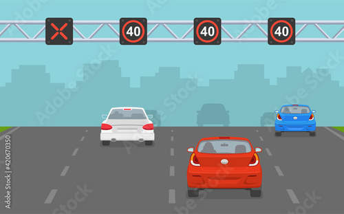 Cars passing through overhead lane signals. Speed limit sign or led display at highway. Back view. Flat vector illustration template.