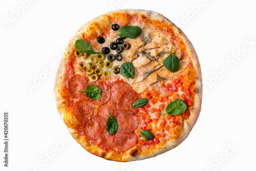 Pizza on white background isolated above view. Delicious homemade pizza top view.