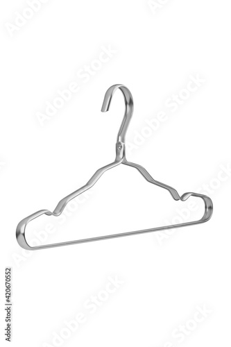 Subject shot of silver metal clothes hanger with horizontal bar for pants and cut notches for keeping thin straps in place. Ultra thin and strong coat hanger is isolated on the white background.