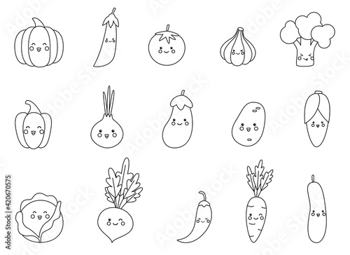 Color cute kawaii vegetables. Coloring page for kids.