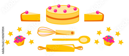 Isolierte Vektorgrafik Illustration mit Zubehör zum Backen wie Kochlöffel, Schneebesen und Nudelholz und Kuchen, Kuchen und Muffins in Pastellfarben wie rosa, gelb und türkis