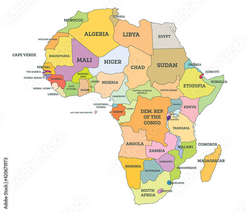 Political Map of Africa. Map with Name of Countries Isolated on White.