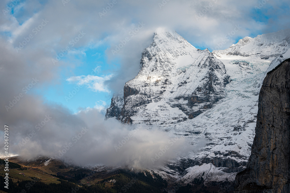 A view from Mürren village on the surrounding mountains on an autumn day A view from Mürren village on the surrounding mountains on an autumn day