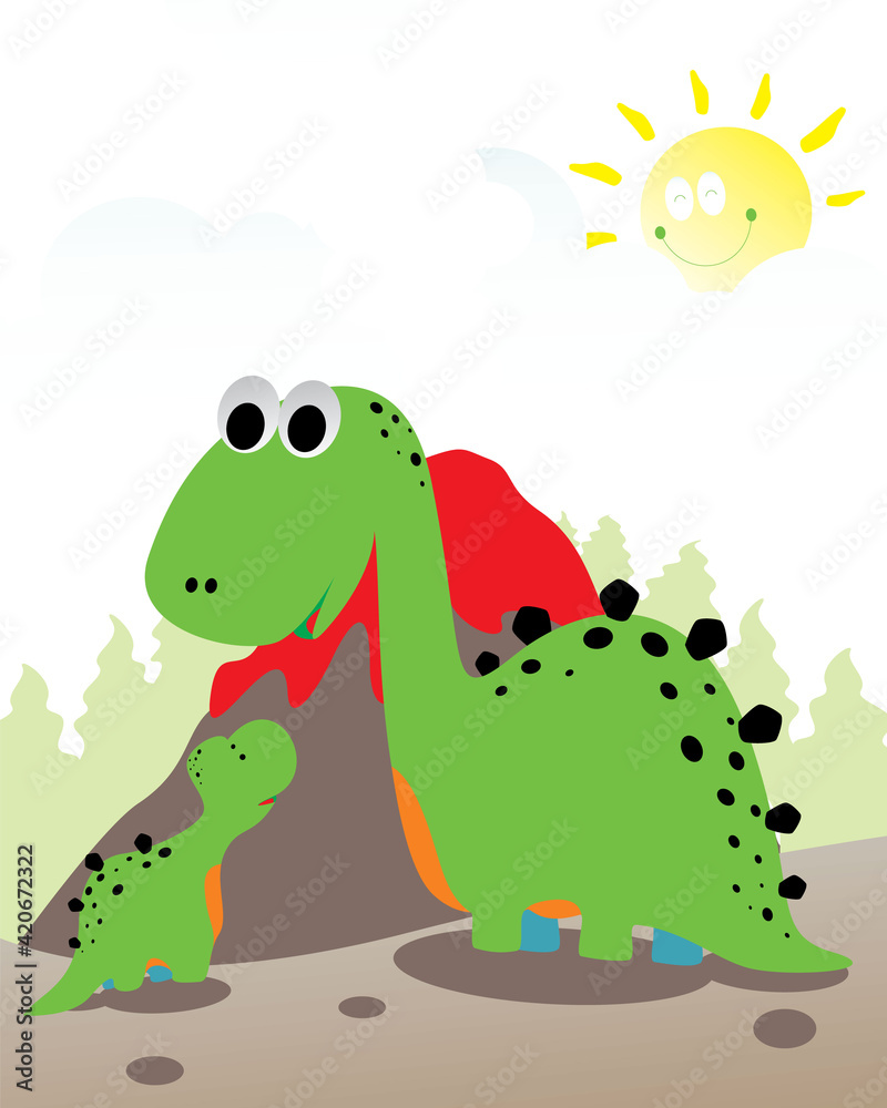 Obraz premium Cute dinosaurs with volcano eruption on a blue cloudy sky background. Vector nature landscape with extinct animals. Cute dino sports t-shirt for kids Vector illustration.