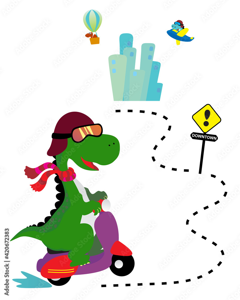 Fototapeta premium Cute dinosaurs cartoon characters riding transport, vector illustration. Dino town with childish animals street traffic, dinosaur driving scooter, airplane and air balloon.