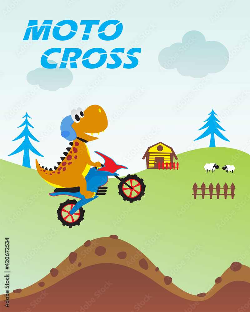 Vector illustration of a funny dinosaur on a motocross bike, Dinosaurs cartoon characters, Cute dino sports t-shirt for kids Vector illustration. Vector illustration of a funny dinosaur on a motocross bike, Dinosaurs cartoon characters, Cute dino sports t-shirt for kids Vector illustration.