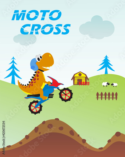 Vector illustration of a funny dinosaur on a motocross bike  Dinosaurs cartoon characters  Cute dino sports t-shirt for kids Vector illustration.