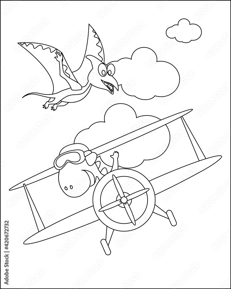 Obraz premium vector illustration of dinosaur flies in the sky on an airplane. Creative vector Childish design for kids activity colouring book or page.