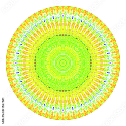 Creative multicolored points round symbol. Abstract symmetrical logo. Mosaic colorful beautiful beads. Circle dots modern pixel floral art icon. Colored pattern ornament wheel decorative illustration.