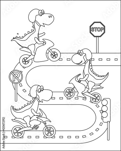 Dinosaurs cartoon characters riding transport, vector illustration. Dino town with childish animals street traffic, Creative vector Childish design for kids activity colouring book or page.