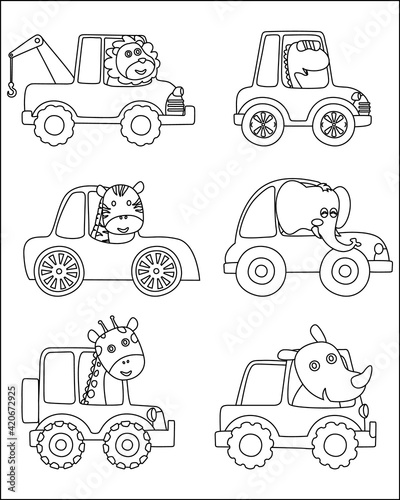 Cute animals on transport. Animal  driving car and zoo travel.  transportation vehicle drivers character. Creative vector Childish design for kids activity colouring book or page.