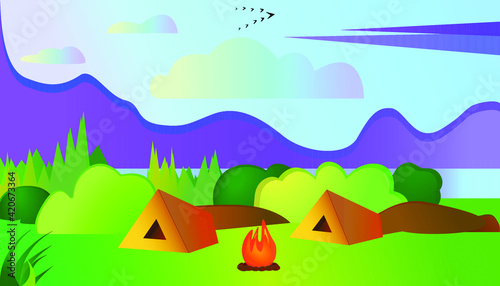 Summer natural landscape by the campfire at dawn. Camping concept, colorful mountains at sunrise. Outdoor recreation. Landscape illustration with tents, mountains, clouds and bushes.