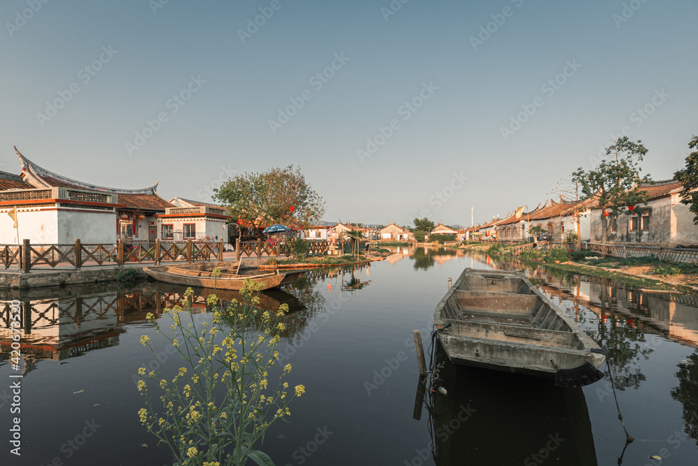 Landscapes with old buildings in Daimei village, a traditional Chinese village with neat rows of houses in Zhangzhou, Fujian, China