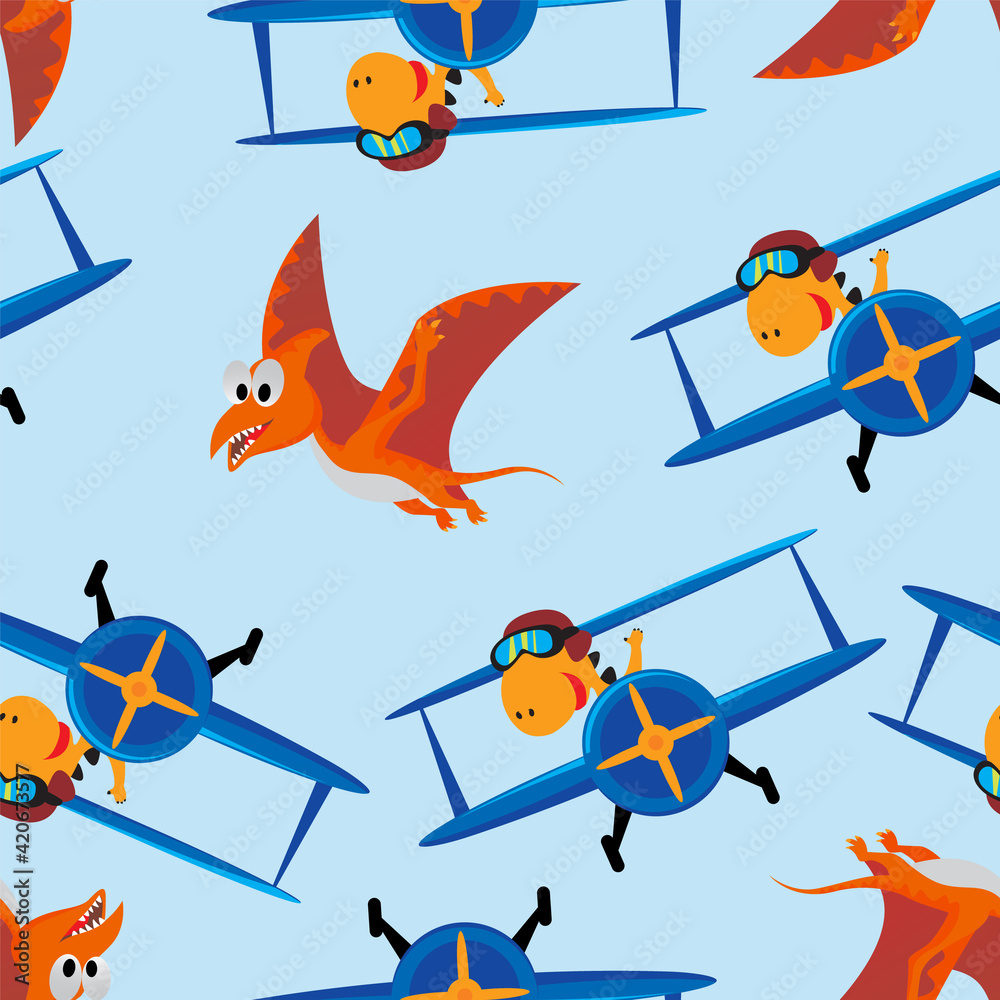Naklejka premium Seamless pattern vector of dinosaur flies in the sky on an airplane. Creative vector childish background for fabric, textile, nursery wallpaper, card, poster