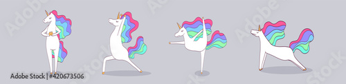 Vector set with rainbow unicorn doing exercise. Funny yoga illustration with healthy and happy horse with horse and mane.