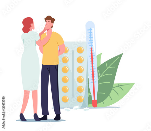Otolaryngologist Female Character Check Up Diseased Patient with Sinusitis or Respiratory Illness. Woman Palpate Neck
