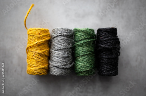 Skeins of colored jute twine