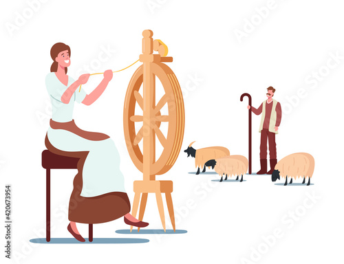 Cashmere Producing Concept. Woman Spinning Wool on Wheel, Shepherd Grazing Mountain Goats, Wool Ecological Textile