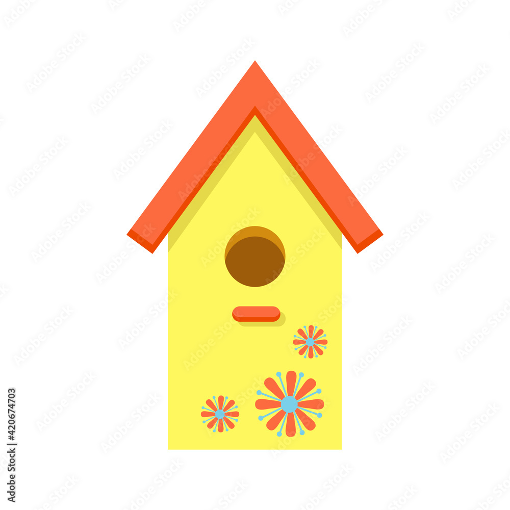 Bright yellow birdhouse with red roof, decorated with flowers, isolated on white background. Protection of birds and animals. International Bird Day. Spring vector illustration in flat cartoon style Bright yellow birdhouse with red roof, decorated with flowers, isolated on white background. Protection of birds and animals. International Bird Day. Spring vector illustration in flat cartoon style