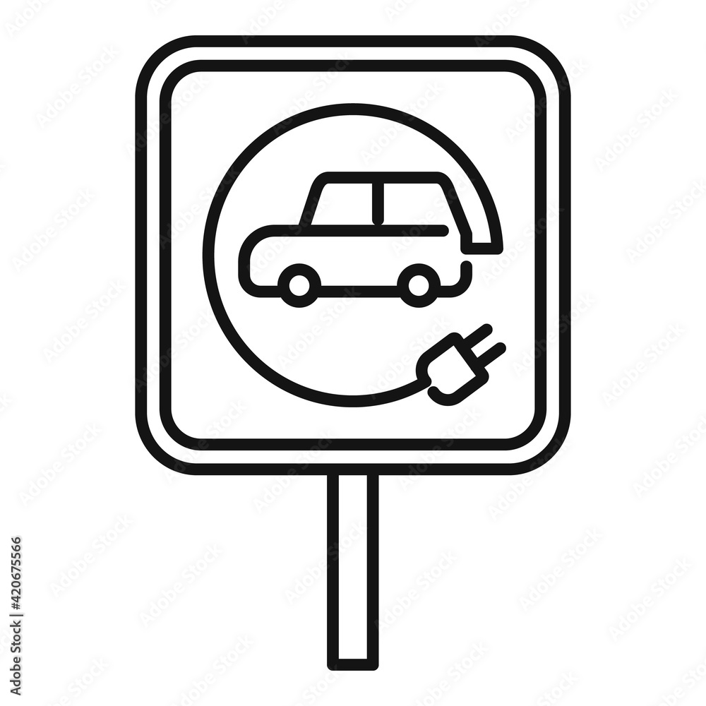 Electric car road sign icon, outline style Electric car road sign icon, outline style
