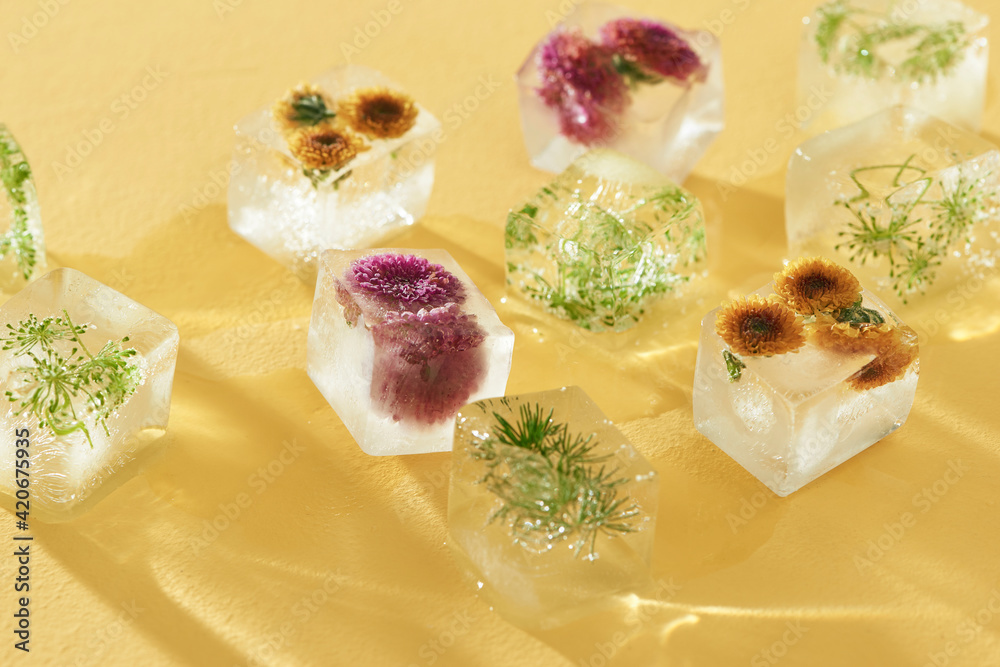 Frozen small leaves and flowers in ice cubes Frozen small leaves and flowers in ice cubes