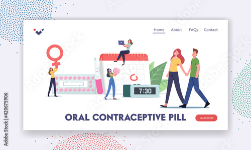 Female Hormonal Contraception Landing Page Template. Woman Apply Oral Contraceptives for Birth Fertility Control