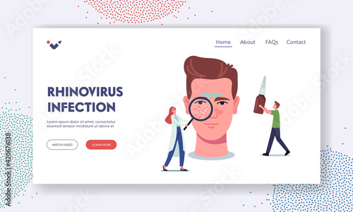 Rhinovirus Infection Landing Page Template. Tiny Doctor Character with Glass Representing Disease on Huge Male Head
