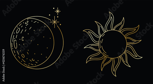 Golden linart engraving of the sun and moon on a black background. Tarot Card Style