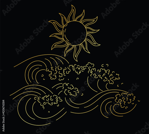 Golden isolated linart of sea waves with splashes and sun. Tarot card style illustration