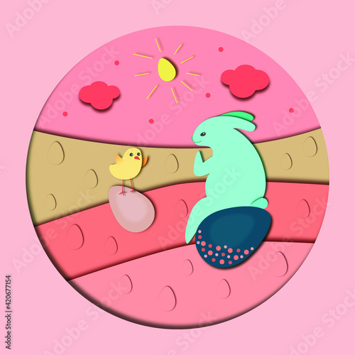 Easter illustration. Paper cut effect card. The Easter Bunny and Chicken depict the famous plot of Pablo Picasso's "Girl on a Ball"