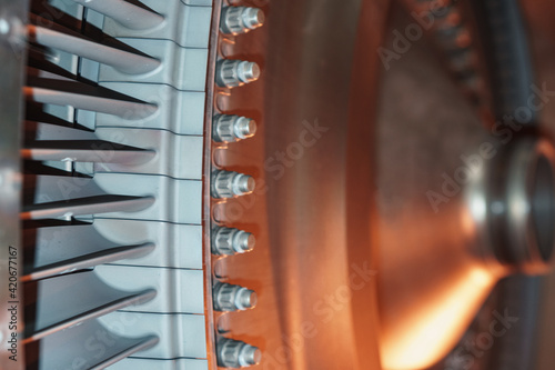 Fototapeta Naklejka Na Ścianę i Meble -  A rotor disc with blades of a turbojet gas turbine engine, inside view.