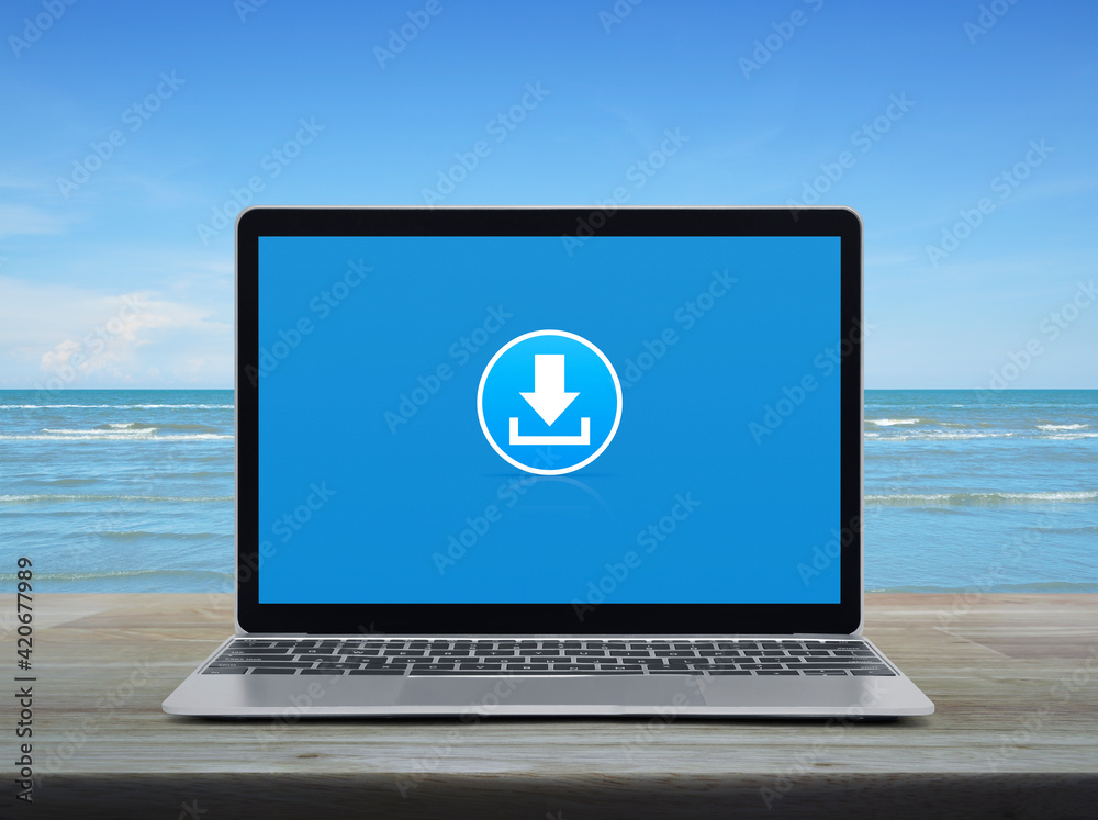 Power button icon on rock mountain over sunset sky and sea, Start up business concept Power button icon on rock mountain over sunset sky and sea, Start up business concept