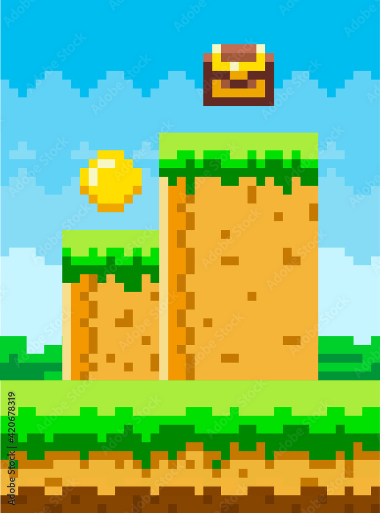 Pixel-game background with coins in sky. Pixel art game scene with green grass platform and chest Pixel-game background with coins in sky. Pixel art game scene with green grass platform and chest