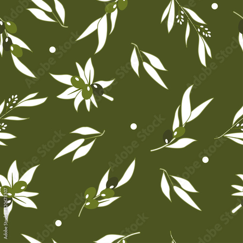 Seamless pattern of olive branches with berries and leaves, flowers on a green background. Vector graphics.
