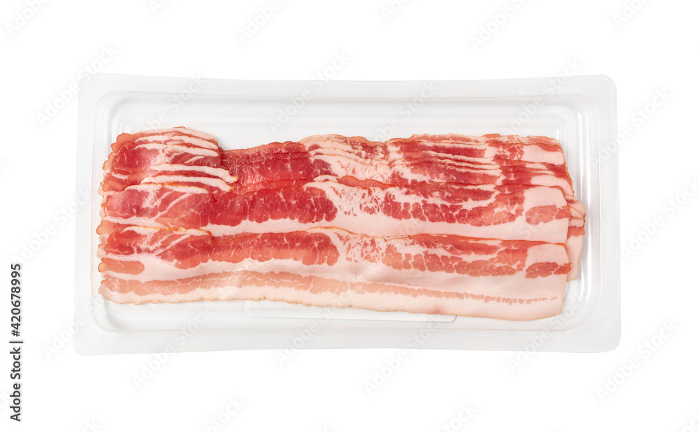 Raw Smoked Bacon Isolated, Streaky Brisket Slices Raw Smoked Bacon Isolated, Streaky Brisket Slices