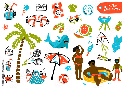 Summer design elements and a set of props for a photo studio. palm tree, ice cream, inflatable shark circle, glasses, negroes, children's pool. cartoon. hand drawing. vector illustration