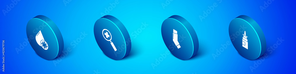 Set Isometric Blood test and virus, Inhaler, Bottle nasal spray and Magnifying glass for search medical icon. Vector Set Isometric Blood test and virus, Inhaler, Bottle nasal spray and Magnifying glass for search medical icon. Vector