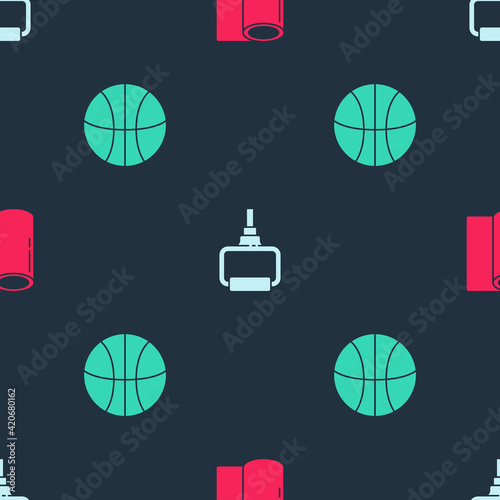 Set Fitness mat roll, TPX loop training equipment and Basketball ball on seamless pattern. Vector