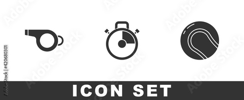 Set Whistle, Stopwatch and Baseball ball icon. Vector