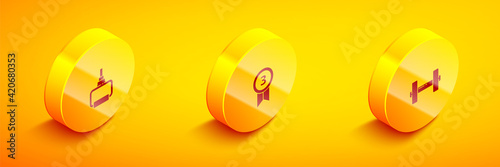 Set Isometric TPX loop training equipment, Medal and Dumbbell icon. Vector