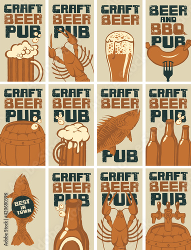 Set of business cards for the beer pub. Banners on the theme of craft beer and snacks from seafood with inscriptions in grunge style. Flat vector illustrations