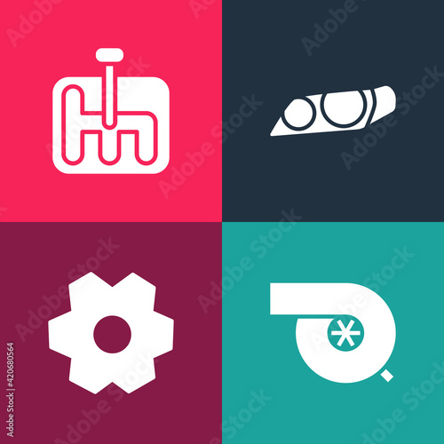 Set pop art Automotive turbocharger, Gear, Car headlight and shifter icon. Vector