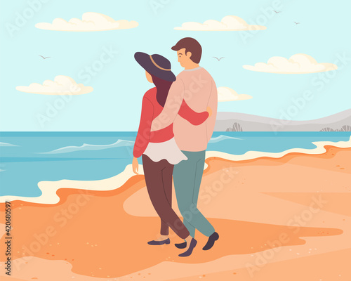 Young couple in relationship hug and stare at sea. Cartoon characters are resting near ocean bank
