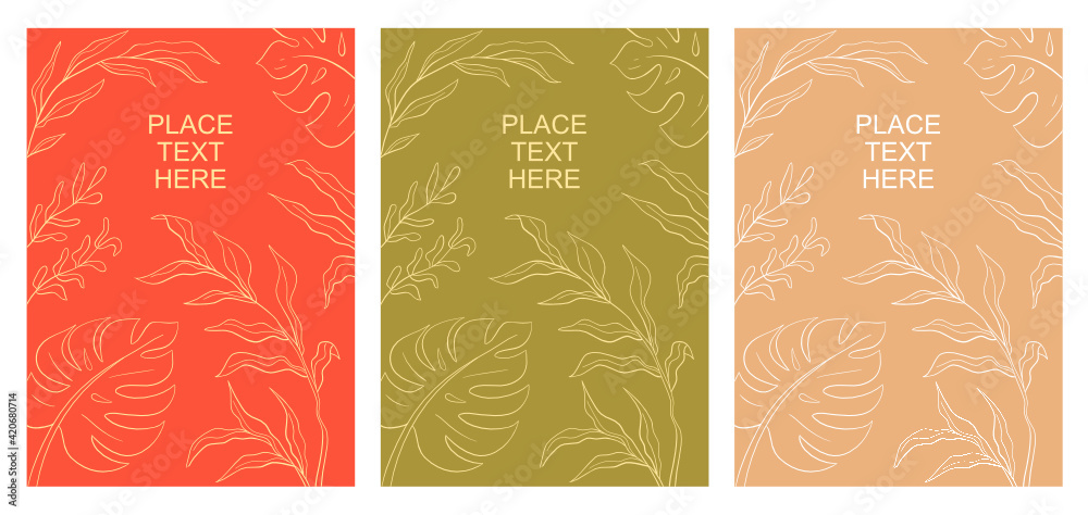 Vector set of  creative backgrounds of leaves in minimal pastel contemporary colours.
