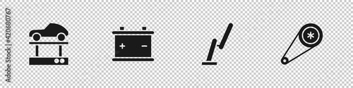 Set Repair car on a lift, Car battery, Windscreen wiper and Timing belt kit icon. Vector