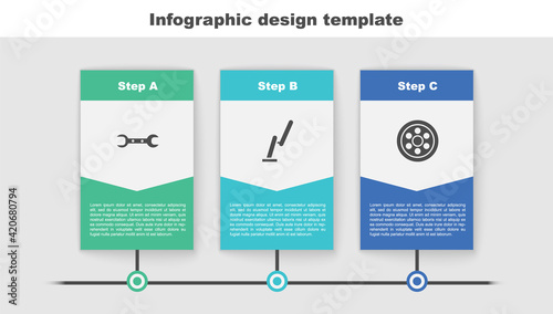 Set Wrench spanner, Windscreen wiper and Alloy wheel. Business infographic template. Vector
