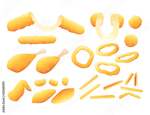 Set of deep-fried fast food cheese sticks onion rings french fries and roasted chicken vector illustration isolated on white background