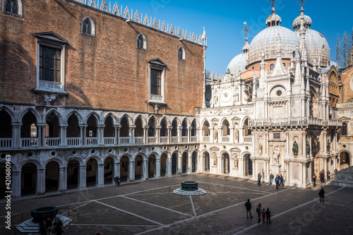 Doge's Palace or Palazzo Ducale, Venice, Italy. It is one of the top landmarks of Venice. Ornate courtyard of the old Doge's Palace in the Venice center. © khalid