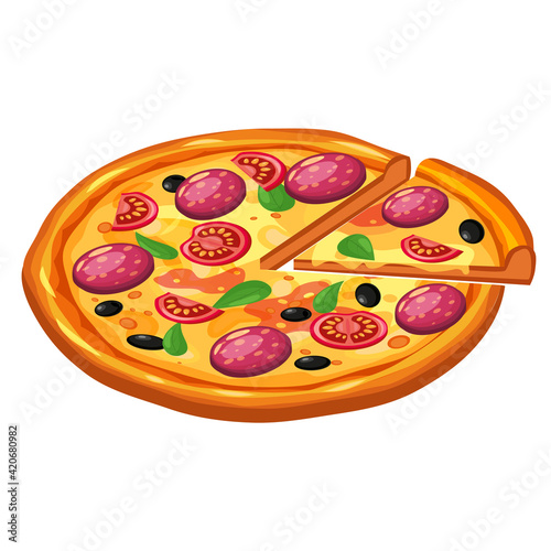 Pizza isometric with slice and ingredients tomato, salami, cheese, mushrooms. Vector illustration