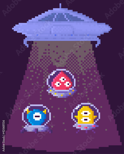 Monsters in transparent flying saucers vector illustration. Strange aliens in sky fly to UFO
